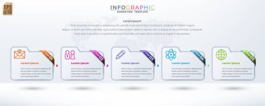 Infographic vektör tasarımı. Şirketin renkli parlak çubuk şablonu klasörü. Simge 5 seçenekleri asgari düzeyde. Pazarlama süreci, iş akışı sunumları düzenleme, akış şeması, baskı reklamı için kullanabilirsiniz