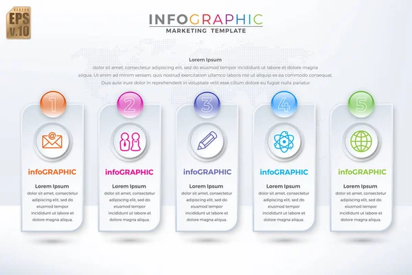 Modelo Marketing Negócios Vetor Infográfico Ícones Círculo Design Colorido Opções — Vetor de Stock