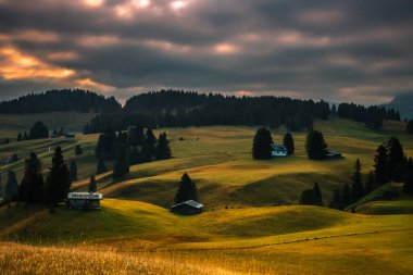 Dağ çayırında gün doğumu Seiser Dolomitlerde sadaka