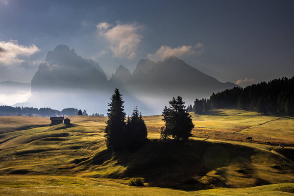 Восход солнца на горном лугу Сейзер-Альм в Доломитах