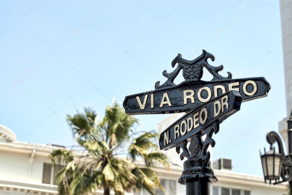 World famous Rodeo Drive symbol, Cross Street Sign, Intersection in Beverly  Hills. Touristic Los Angeles, California, USA. Rich wealthy life  consumerism, Luxury brands and high-class stores concept. Stock Photo