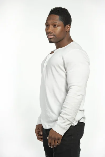 African American male model wearing a white casual t-shirt — Stock Photo, Image