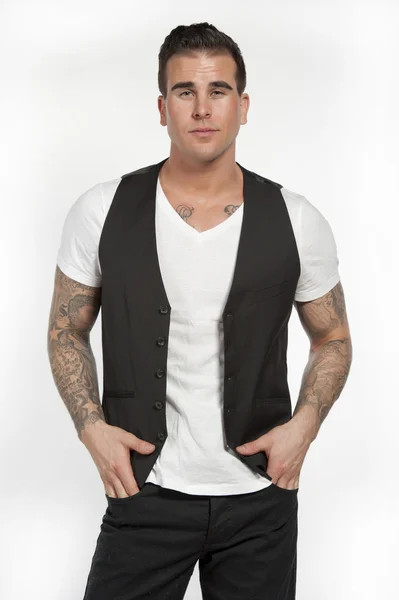 White Attractive Male in Black Vest — Stock Photo, Image