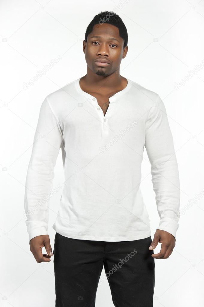 African American male model wearing a white casual t-shirt — Stock ...