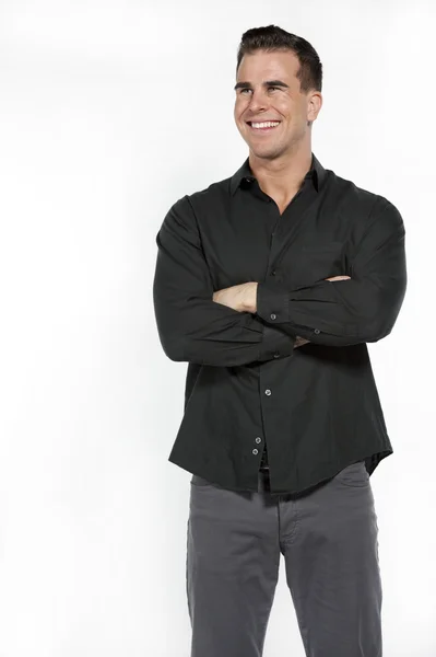 Bílý muž v černé košili a kalhoty šedé — Stock fotografie