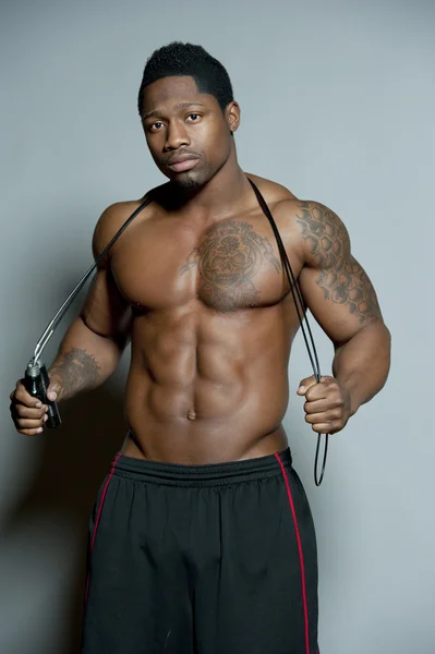 African American Body Builder with Jump Rope — Stock Photo, Image