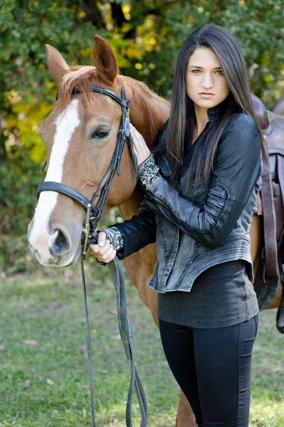 Female model posing with a horse — Stock Photo, Image