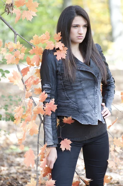 Young girl posing in a leather jacket — Stock Photo, Image