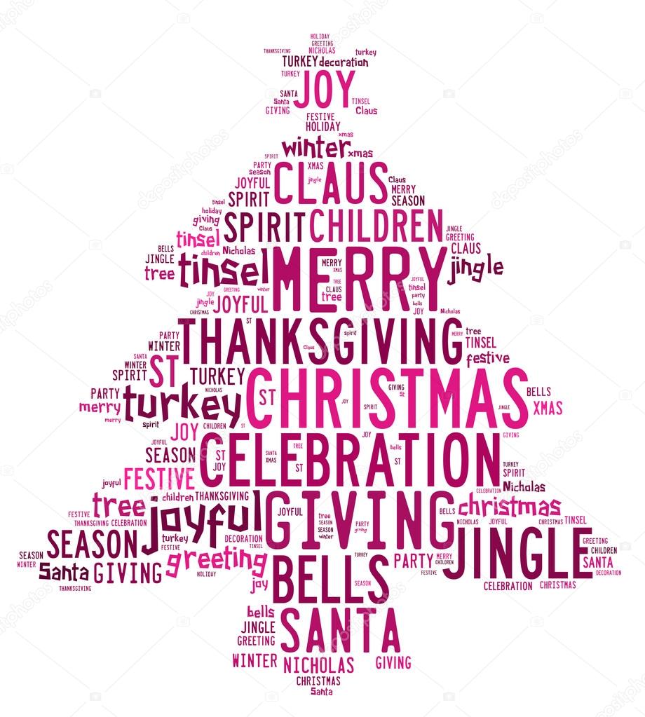 Christmas tree word clouds in white background with pink words