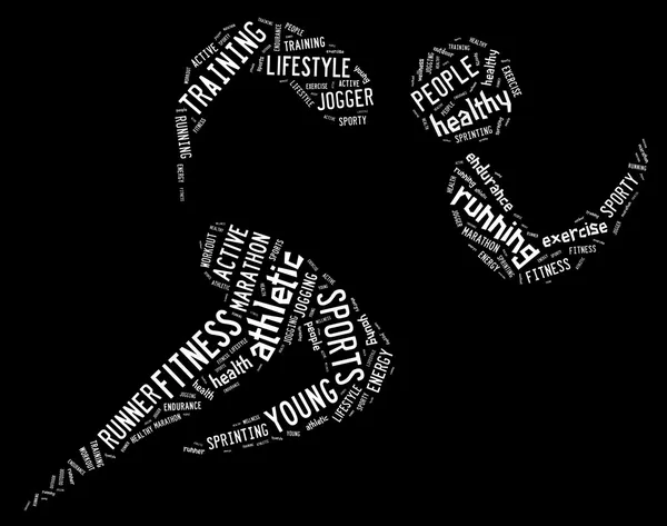 Sportliches Laufpiktogramm auf schwarzem Hintergrund weiße Wörter — Stockfoto