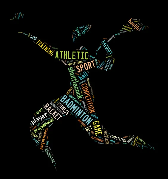 Badmintonspieler-Piktogramm mit bunten Worten lizenzfreie Stockfotos