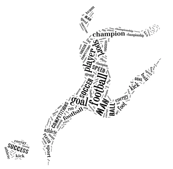 Fußballspieler-Piktogramm mit schwarzen Wörtern auf weißem Backgr Stockfoto