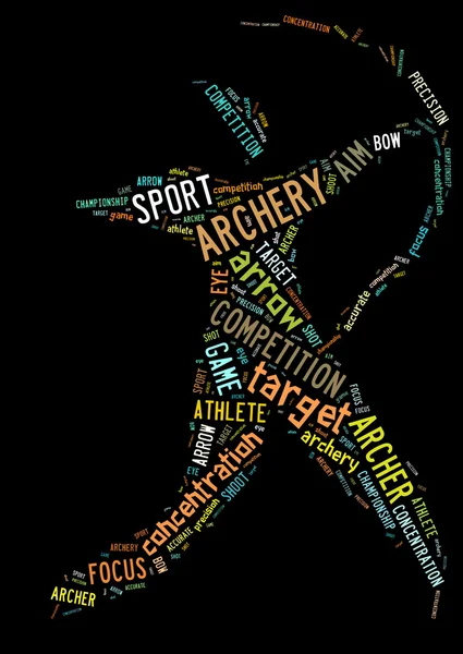 Archery pictogram with colorful words on black background — Stock Photo, Image