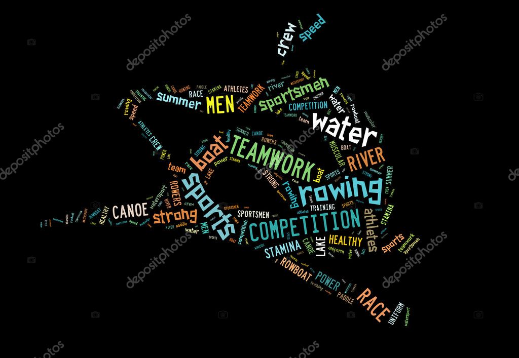 Rowing boat pictogram with colorful words on black background