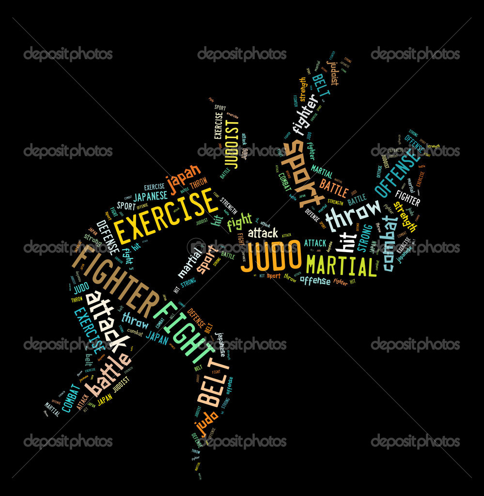 Judo pictogram with colorful wordings on black color background