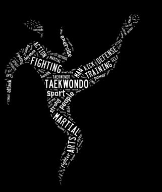 Taekwondo piktogram ile siyah arka plan üzerine ilgili ifadelere