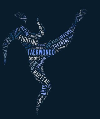 Taekwondo piktogram ile mavi arka plan üzerinde ilgili ifadelere