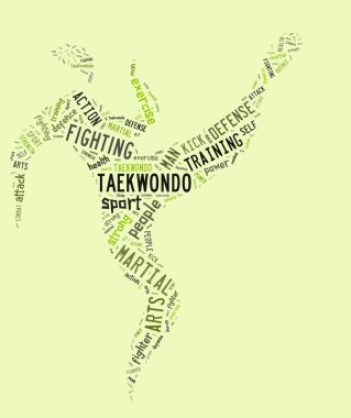Taekwondo piktogram ile yeşil zemin üzerine ilgili ifadelere