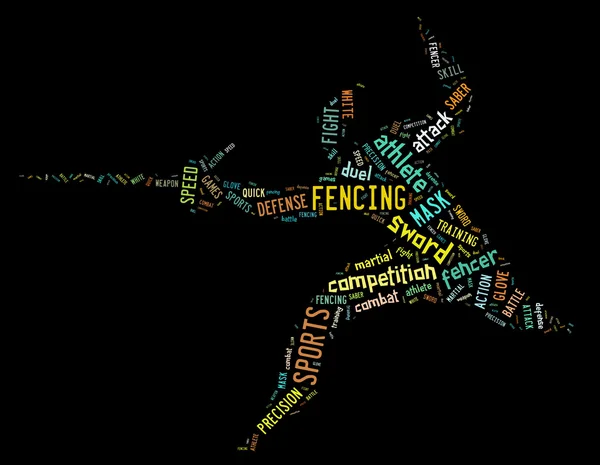 Fencing pictogram with colorful related wordings on black backgr — Stock Photo, Image