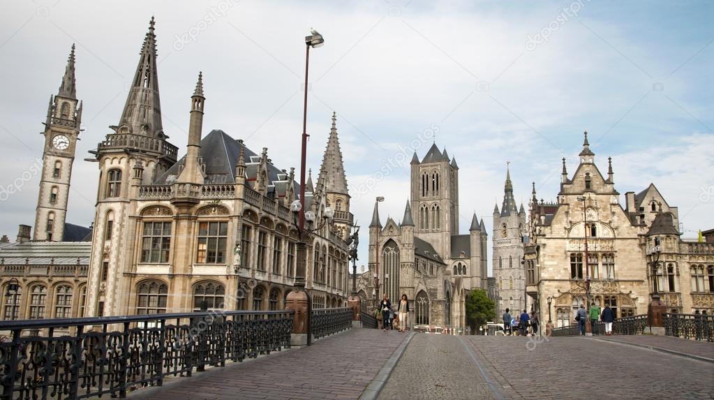 GENT - JUNE 23: Look from Saint Michael s bridge to Nicholas church and town hall on June 23, 2012 in Gent, Belgium.