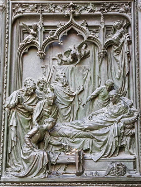 Milan - detail from main bronze gate - birth of Virgin Mary by Ludovico Pogliaghi, 1906 — Stock Photo, Image