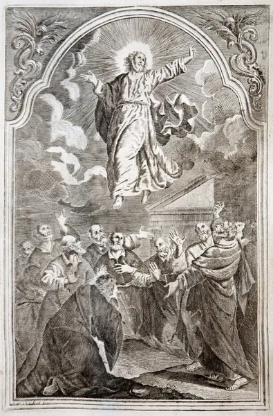 슬로바키아-1727: 예 수 승천. 리소 그래피 missale romanum 1727 년에서 augustae vindelicorum 발행 인쇄. — 스톡 사진