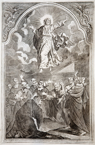 SLOVAKIA - 1727: Jesus ascension. Lithography print in Missale romanum published by Augustae Vindelicorum in year 1727.