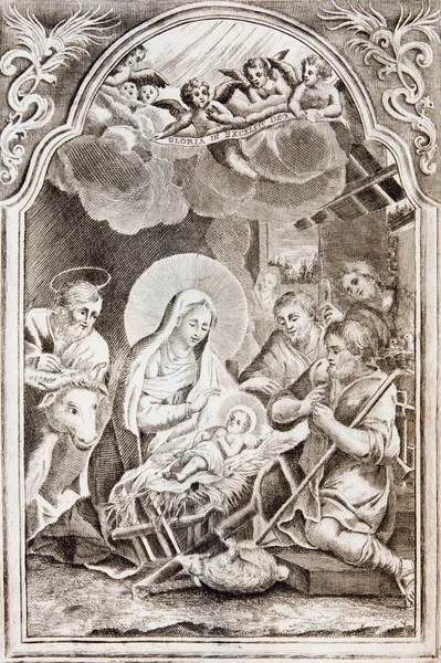 Slovensko - 1727: betlém. litografie tisku v missale romanum vydalo venetiis, nicolaus pezzan v roce 1786. — Stock fotografie