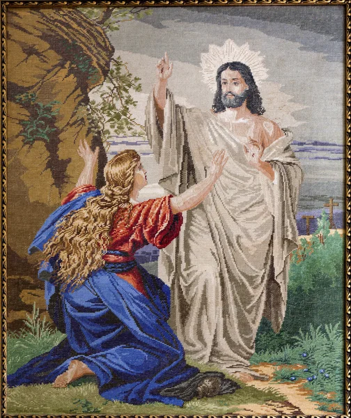 MARIANKA - DECEMBER 4: Tapestry of Apparition of resurrected Jesus to Mary of Magdalene in parish building of Marianka cirka 1950 on December 4, 2012 in Marianka, Slovakia. — Stock Photo, Image