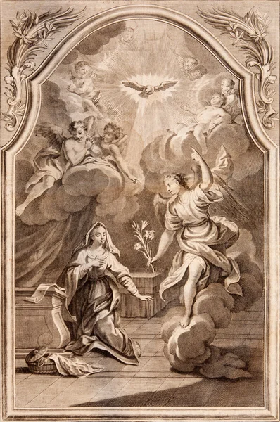 Słowacja - 1768: annuntiation. Archanioł gabriel i Dziewicy Maryi. litografia druk w missale romanum, opublikowanym w roku 1768. — Zdjęcie stockowe