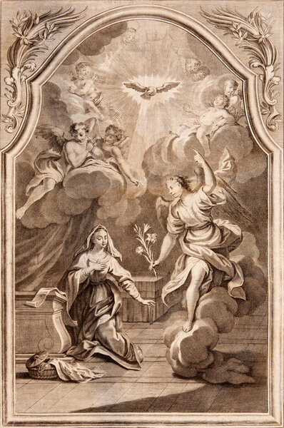 SLOVAKIA - 1768: Annuntiation. Archangel Gabriel and Virgin Mary. Lithography print in Missale romanum published in year 1768.