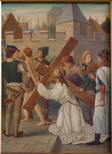 BRUSELAS - 25 DE JUNIO: Jesús lleva Su Cruz. Pintura de la iglesia de San Niklas y Jean el 25 de junio de 2012 en Bruselas, Bélgica . —  Fotos de Stock