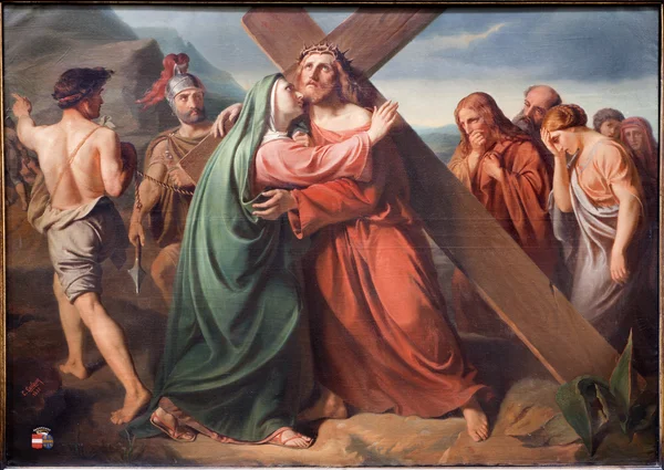 BRUSELAS - 21 DE JUNIO: Jesús bajo la cruz y María en el camino de la cruz. Pintura de la iglesia Notre Dame du Finstere de E. C. Leclercq el 21 de junio de 2012 en Bruselas . — Foto de Stock