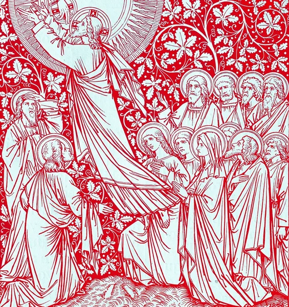 La Ascensión en rojo - coloreado del viejo libro de liturgia católica —  Fotos de Stock