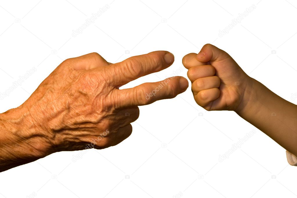 Hand of old woman and child at play