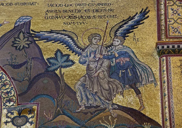 PALERMO - APRIL 9: Scene of Jacob Wrestles an Angel in Monreale cathedral. Church is wonderful example of Norman architecture. Cathedral was completed about 1200 on April 9, 2013 in Palermo, Italy. — Stock Photo, Image