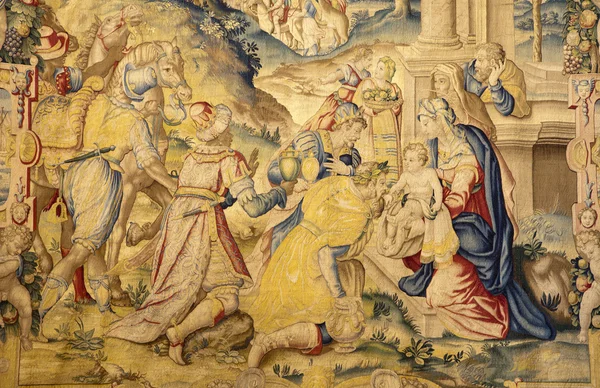 BERGAMO - JANUARY 26: Detailo from gobelin of Adoration of the magi from year 1583 by Alessandro Allori in church Santa Maria Maggiore on January 26, 2013 in Bergamo, Italy. — Stock Photo, Image