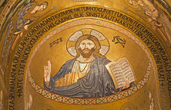 PALERMO - APRIL 8: Mosaic of Jesus Christ from Cappella Palatina - Palatine Chapel in Norman palace in style of Byzantine architecture from years 1132 - 1170 on April 8, 2013 in Palermo, Italy.