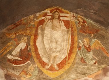 Bergamo - 26 Ocak: dirilen Mesih Kilisesi ana apsis michele al pozzo bianco. giovani battista guarinoni d'averara yıl 1577 tarafından bergamo, İtalya için 26 Ocak 2013 fresco.