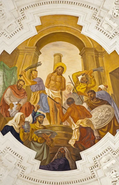 PALERMO - 8 DE ABRIL: Fresco de Jesús para Pilato escena sobre techo de nave lateral en iglesia La chiesa del Gesu o Casa Professa. La iglesia barroca fue terminada en 1636 el 8 de abril de 2013 en Palermo, Italia . —  Fotos de Stock