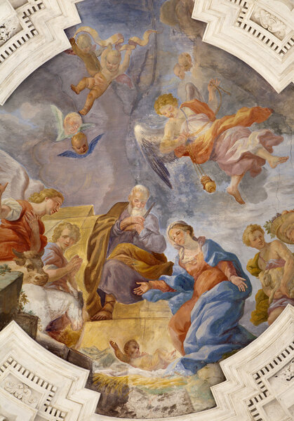 PALERMO - APRIL 8: Annunciation scene on ceiling of side nave in church La chiesa del Gesu or Casa Professa. Baroque church was completed in 1636 on April 8, 2013 in Palermo, Italy.
