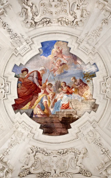 PALERMO - APRIL 8: Adoration of Magi scene on ceiling of side nave in church La chiesa del Gesu or Casa Professa. Baroque church was completed in 1636 on April 8, 2013 in Palermo, Italy. — Stock Photo, Image