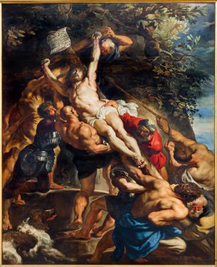 Antwerp, Belçika - 4 Eylül: yıl 1609-1610 Barok ressam tarafından çapraz sahneden devrilmesinden sonra peter paul rubens kadınımız 4 Ekim 2013 tarihinde Antwerp, Belçika katedral içinde