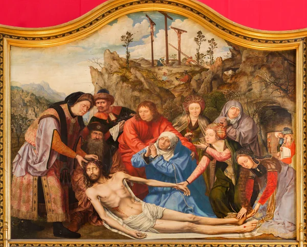 ANTWERP, BELGIUM - SEPTEMBER 4: Paint of Deposition of the cross (De bewening) scene by Quinten Mestsijs from years 1509 - 1511 in the cathedral of Our Lady on September 4, 2013 in Antwerp, Belgium — Stock Photo, Image