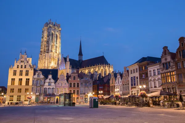 MECHELEN - 4 Eylül 2013 'te Belçika' nın Mechelen şehrinde akşam karanlığında Grote Mark ve St. Rumbold Katedrali. — Stok fotoğraf