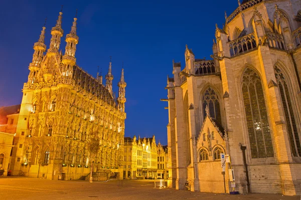 Leuven - gotiska rådhuset och st. peters katedralen i kväll skymning — Stockfoto