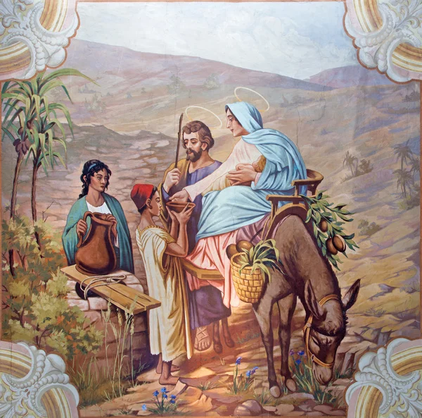 SEBECHLEBY - AUGUS 8: Flight to Egypt. Fresco from year 1963 by Jozef Antal in st. Michael parish church on August 8, 2013 in Sebechleby, Slovakia. — Stock Photo, Image