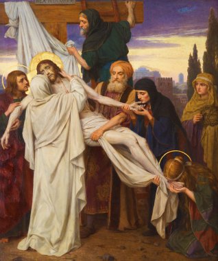 ANTWERP, BELGIUM - SEPTEMBER 5: Deposition of the cross as part of Seven Sorrows of Virgin cycle by Josef Janssens from years 1903 - 1910 in the cathedral of Our Lady clipart