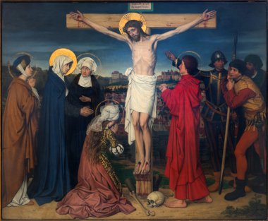 ANTWERP, BELGIUM - SEPTEMBER 5: Crucifixion as part of Seven Sorrows of Virgin cycle by Josef Janssens from years 1903 - 1910 in the cathedral of Our Lady on September 5, 2013 in Antwerp, Belgium clipart