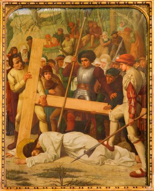 mechelen - 4 Eylül: haçın altına isa düşmek. 19. yüzde çapraz yolu döngüsü. Eylül 4 onze-lieve-Vrouw-va n-hanswijkbasiliek kilise, Mechelen 2013 yılında, belçika.